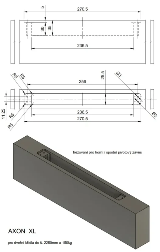 Pivotový pánt AXON XL pre plné dverné krídlo šírky až 2250 mm a hmotnosti do 150 kg