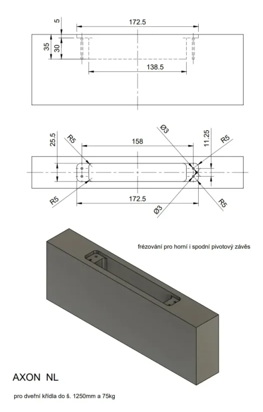 Pivotový pant AXON pro plné dveřní křídlo šířky 600 – 1250 mm a hmotnosti do 75 kg